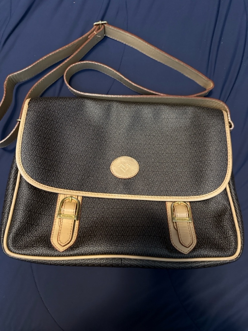 Vintage Mario Valentino Monogram Messenger Bag Crossbody Black/Tan
